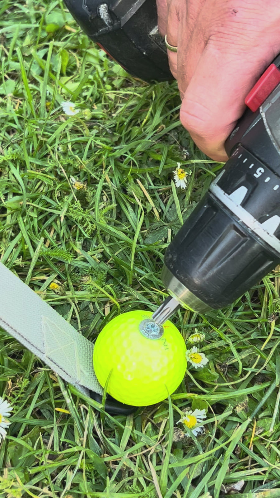 Spanngurt auf der Wiese sichern